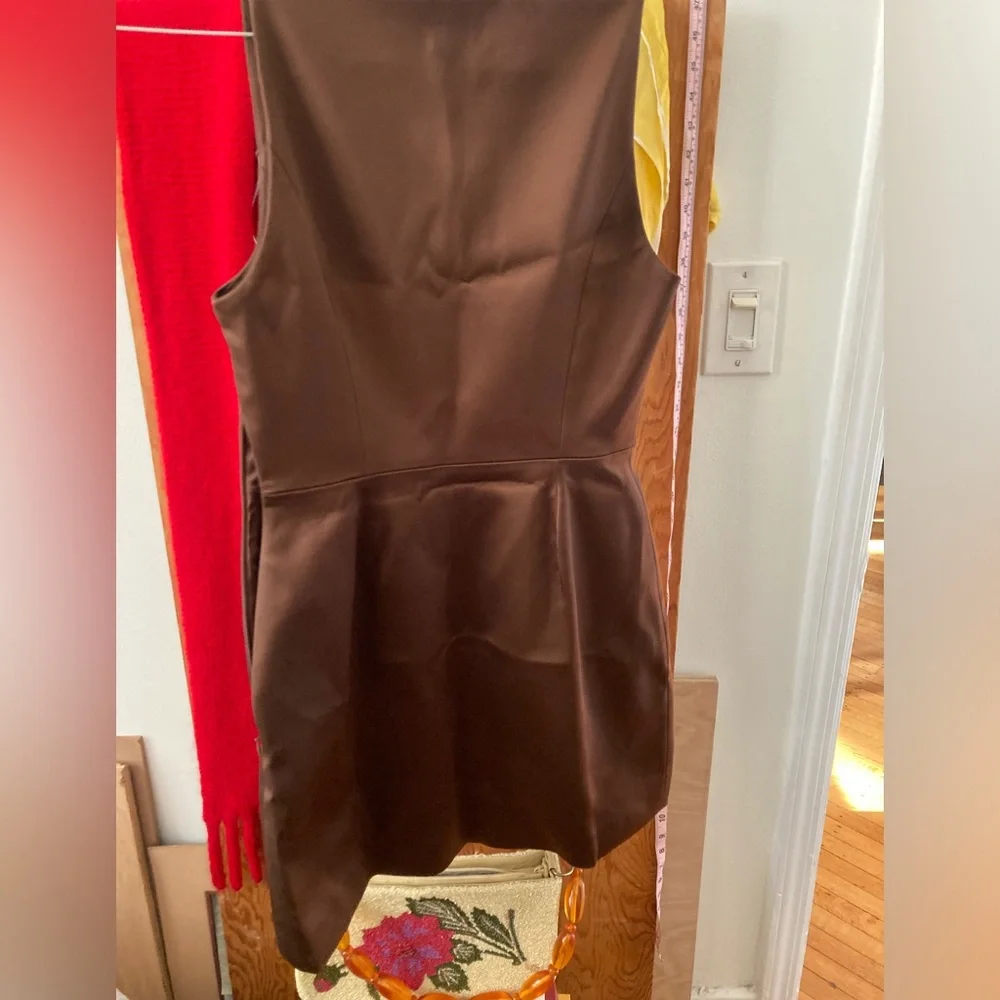 Aritzia Satin Silk Brown Mini Dress Square High Neck - Picture 9 of 10